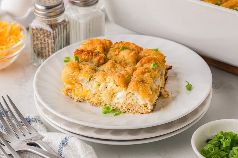 slice of the Tater Tot Breakfast Casserole on a white plate.