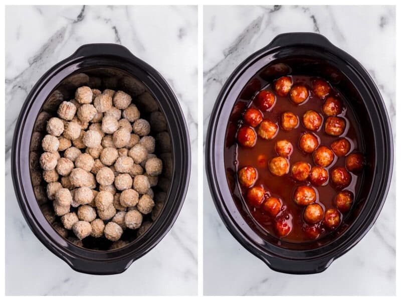 placing the meatballs in the slow cooker with the sauce.