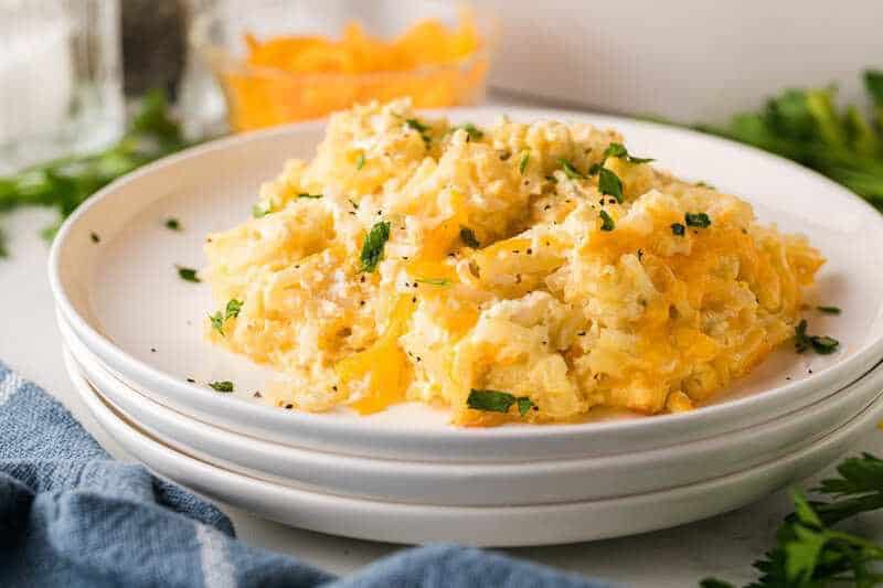 closeup of the Hashbrown Casserole served on a white plate.