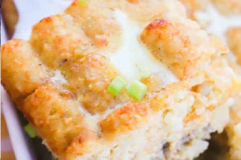 closeup of the tater Tot Breakfast Casserole.