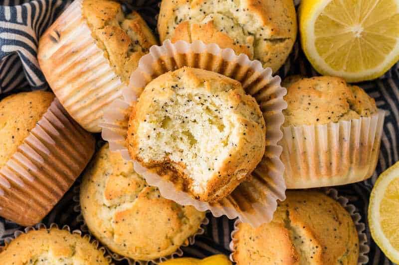 Lemon Poppy Seed Muffins served in a basket.