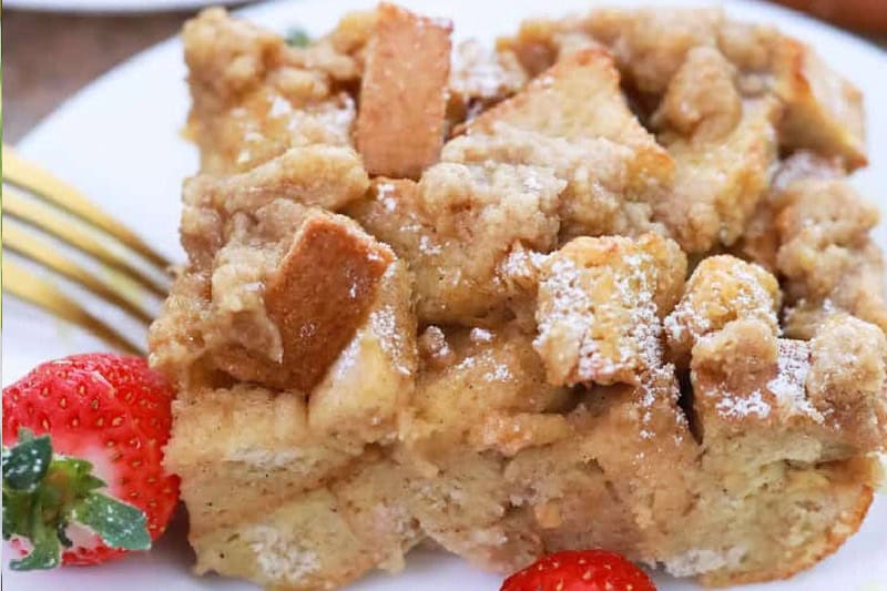 Slice of the French Toast Casserole served on a white plate.