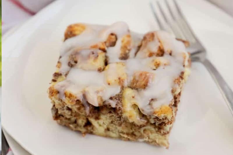 slice of the Cinnamon Roll Breakfast Casserole.