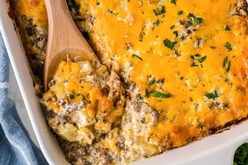 top-down view of the Hamburger Hashbrown Casserole.