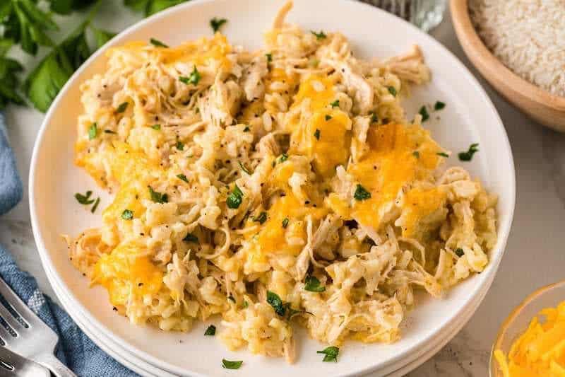 top-down view of the Chicken and Rice Casserole served on a white plate.