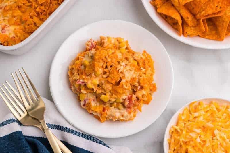 The Dorito Chicken Casserole served on a white plate.