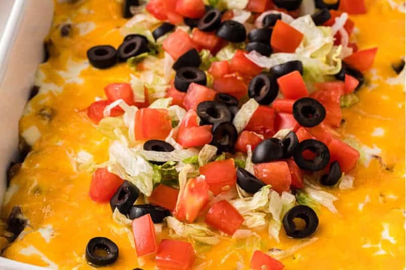 closeup of the Taco Casserole in a white baking dish.