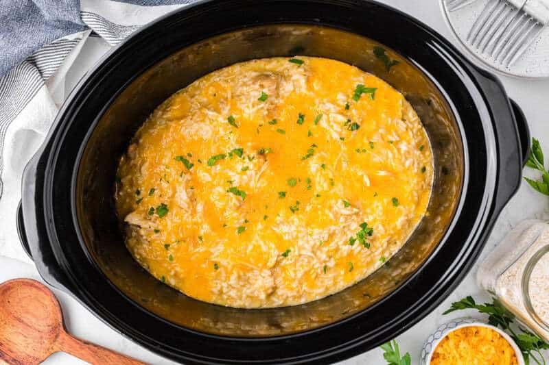 top-down view of the Chicken and Rice Casserole in the slow cooker.