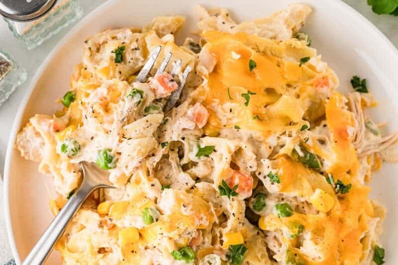 top-down view of the Chicken Noodle Casserole served on a white plate.