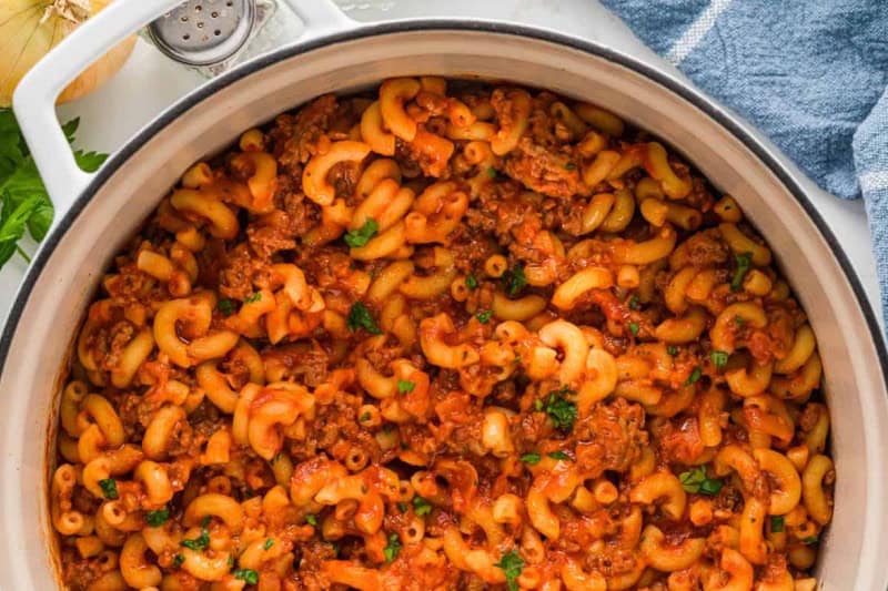 top-down view of the Beefaroni in the pot.