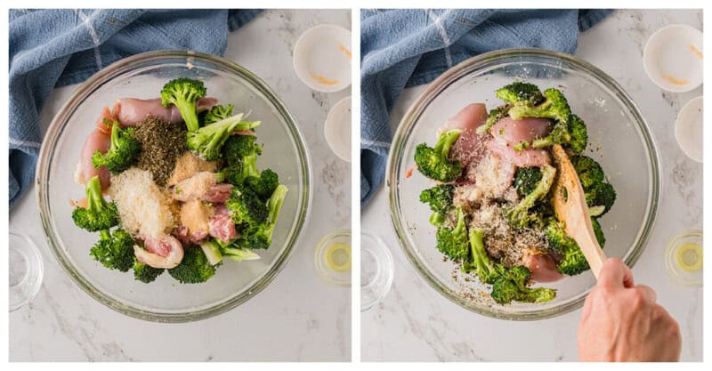 Mixing together the chicken, broccoli and seasoning.
