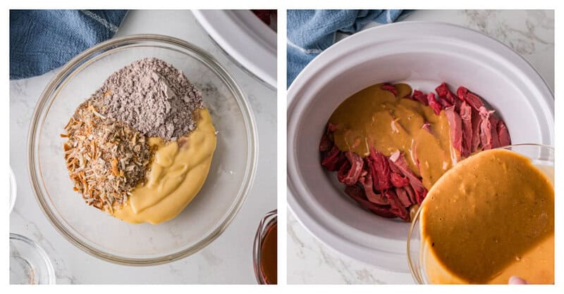 mixing together the cream of chicken soup, gravy packet and onion soup packet and pouring them over the steak.
