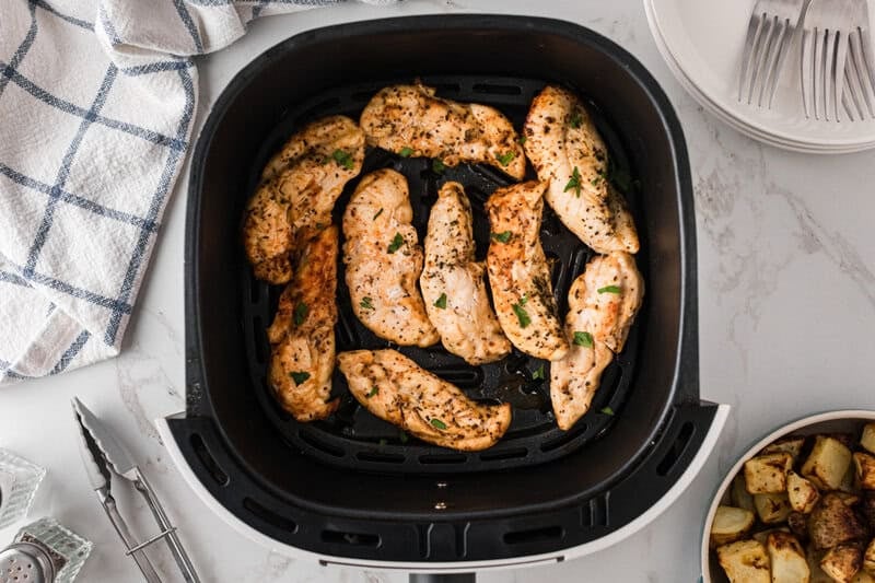 top-down view of the Chicken Tenderloins in the Air Fryer Basket.