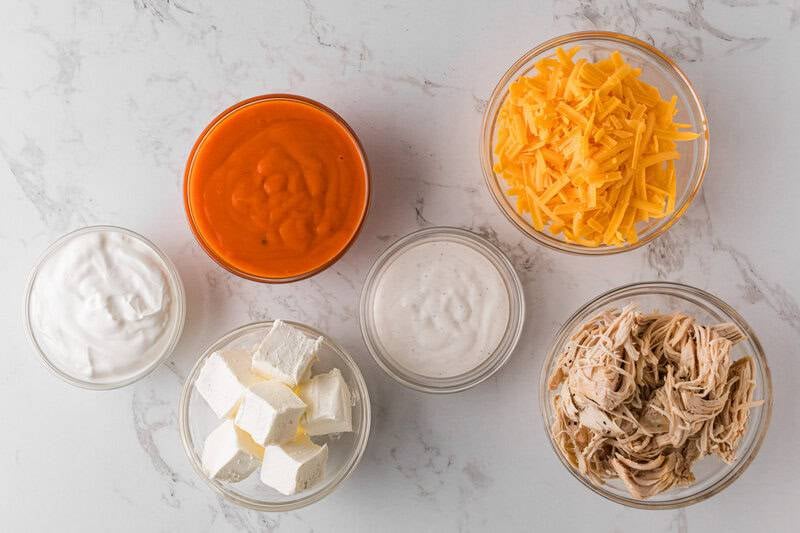 ingredients for the Slow Cooker Buffalo Chicken Dip.