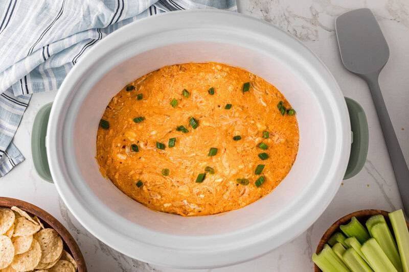 top-down view of the Slow Cooker Buffalo Chicken Dip inside the slow cooker.
