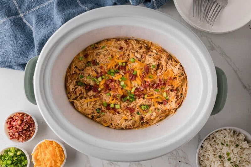 crack chicken finished cooking in the slow cooker.