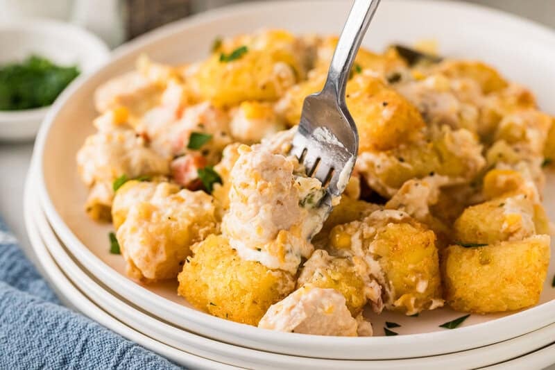 closeup of the Chicken Tater Tot Casserole served on a white plate.