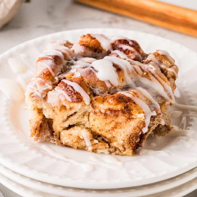 closeup of a slice of the cinnamon roll casserole.