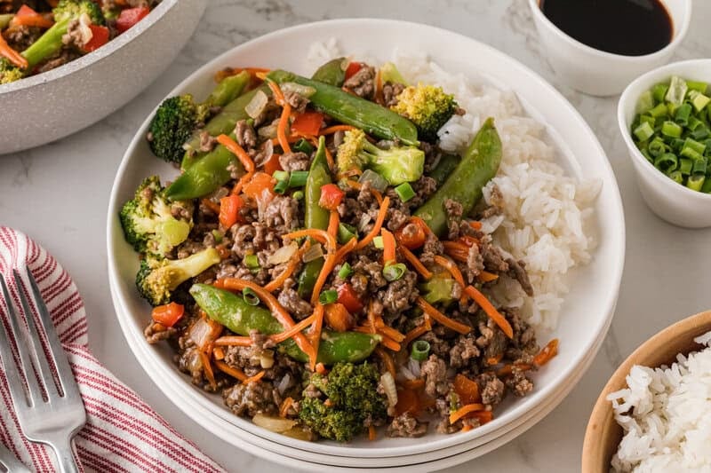 top-down view of the Ground Beef Stir Fry served with rice.