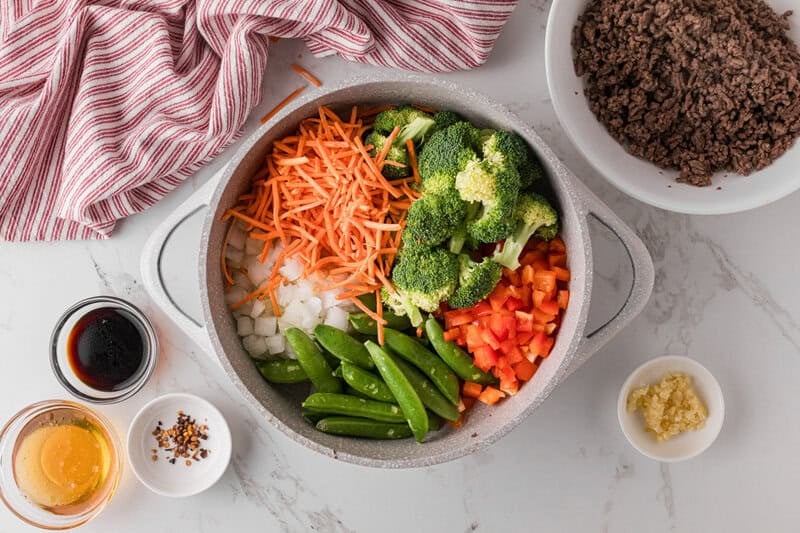 veggies for the stir fry in the large pot before cooking.