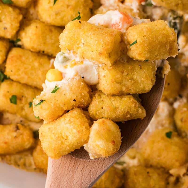 serving the Chicken tater Tot Casserole out of the baking dish.