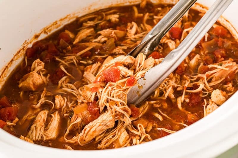 closeup of the Chicken Taco meat in the slow cooker.