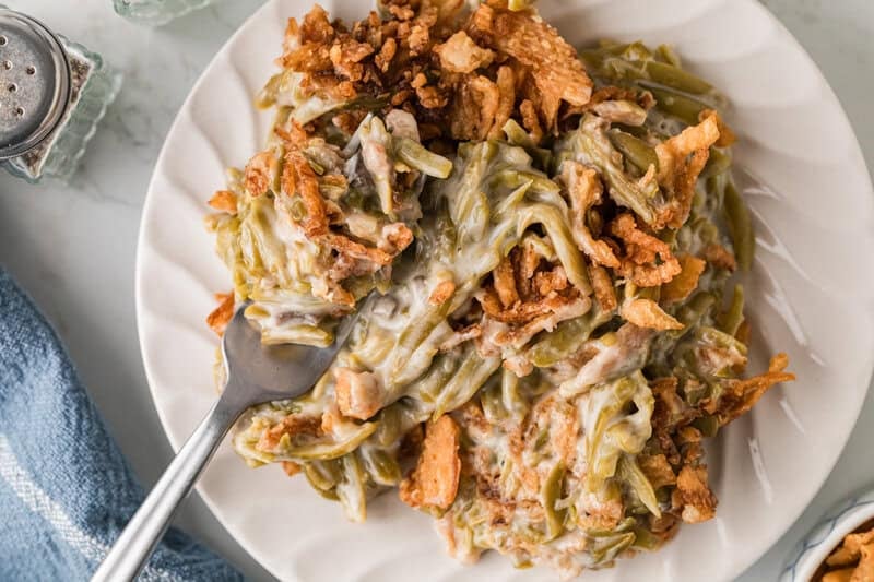 top-down view of the Slow Cooker Green Bean Casserole.