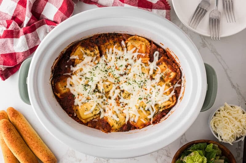 the Slow Cooker Ravioli Lasagna finished in the slow cooker.