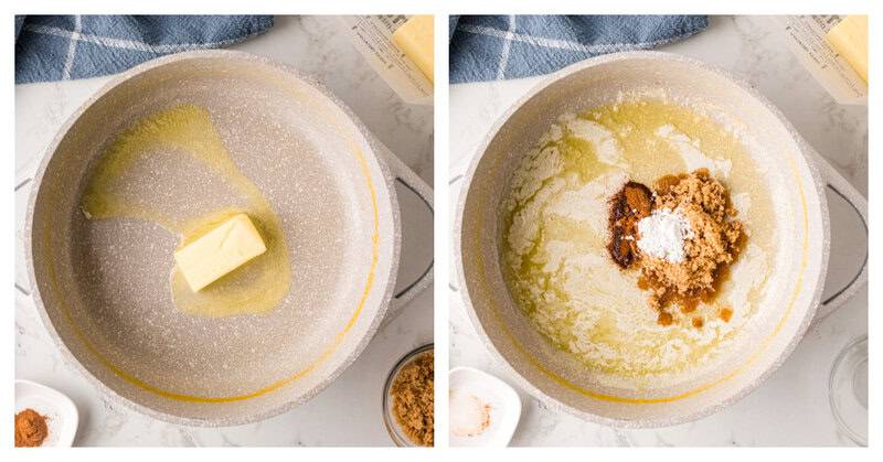 melting the butter, brown sugar and cornstarch in the pot.