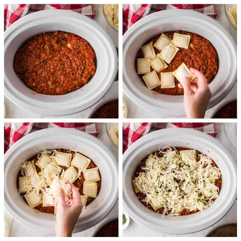 layering the sauce, ravioli and cheese in the slow cooker.
