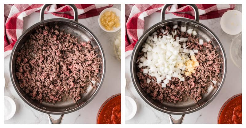 cooking the ground beef, garlic and onions in a skillet.
