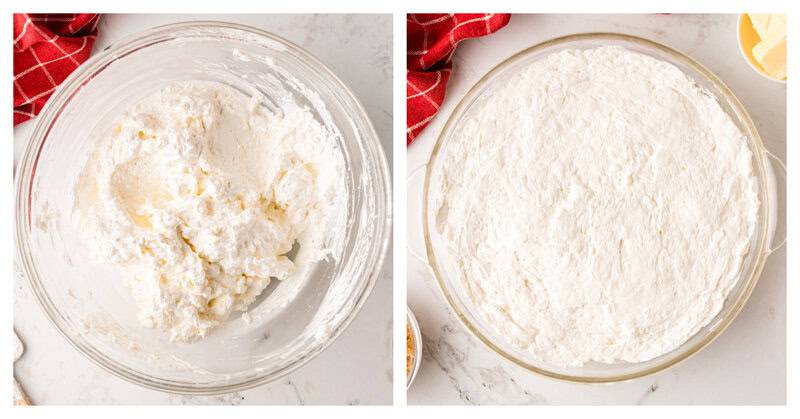 mixing together the cream cheese and whipped topping together in a large glass bowl.