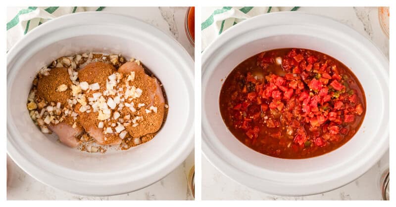 chicken in the slow cooker with the seasoning and then the Rotel, salsa and broth added.