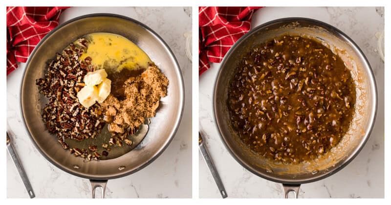 making the pecan topping in a skillet.